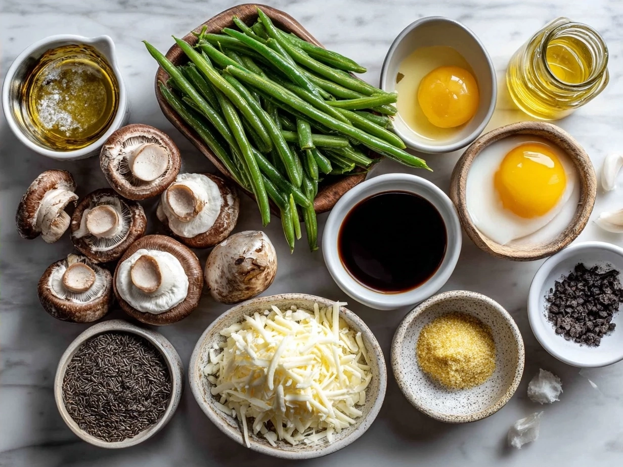 Ingredients for Green Bean Casserole including fresh green beans, cream of mushroom soup, and fried onions