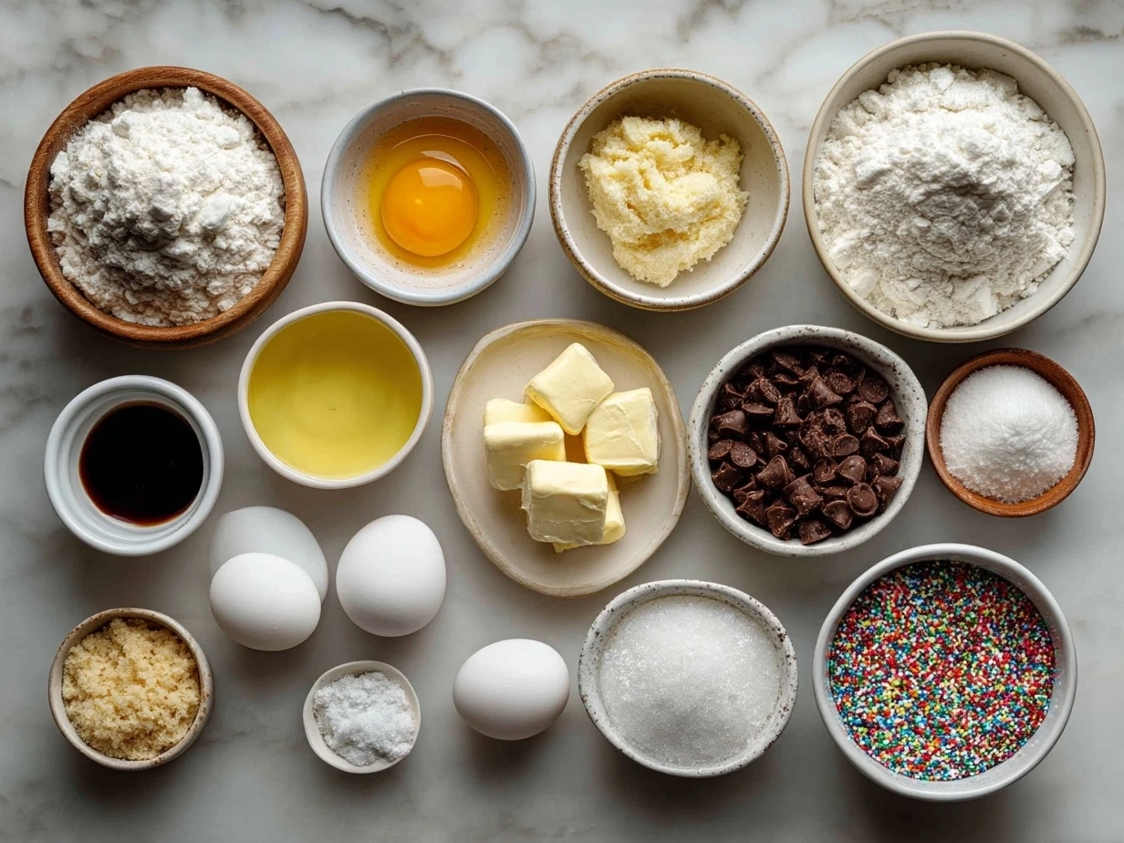 Ingredients for Grinch Crinkle Cookies on a wooden counter