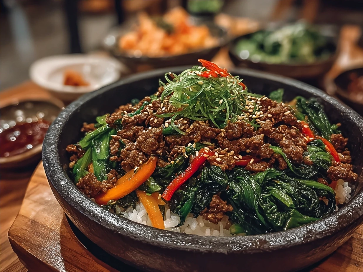 Serving plate of Ground Beef Bulgogi with rice and fresh garnishes