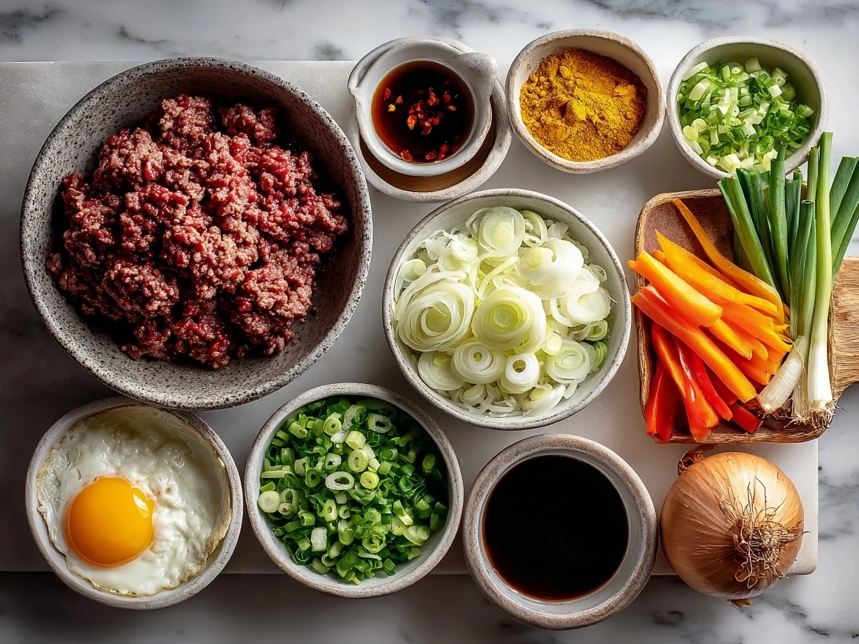 Ingredients for Ground Beef Bulgogi laid out on a countertop
