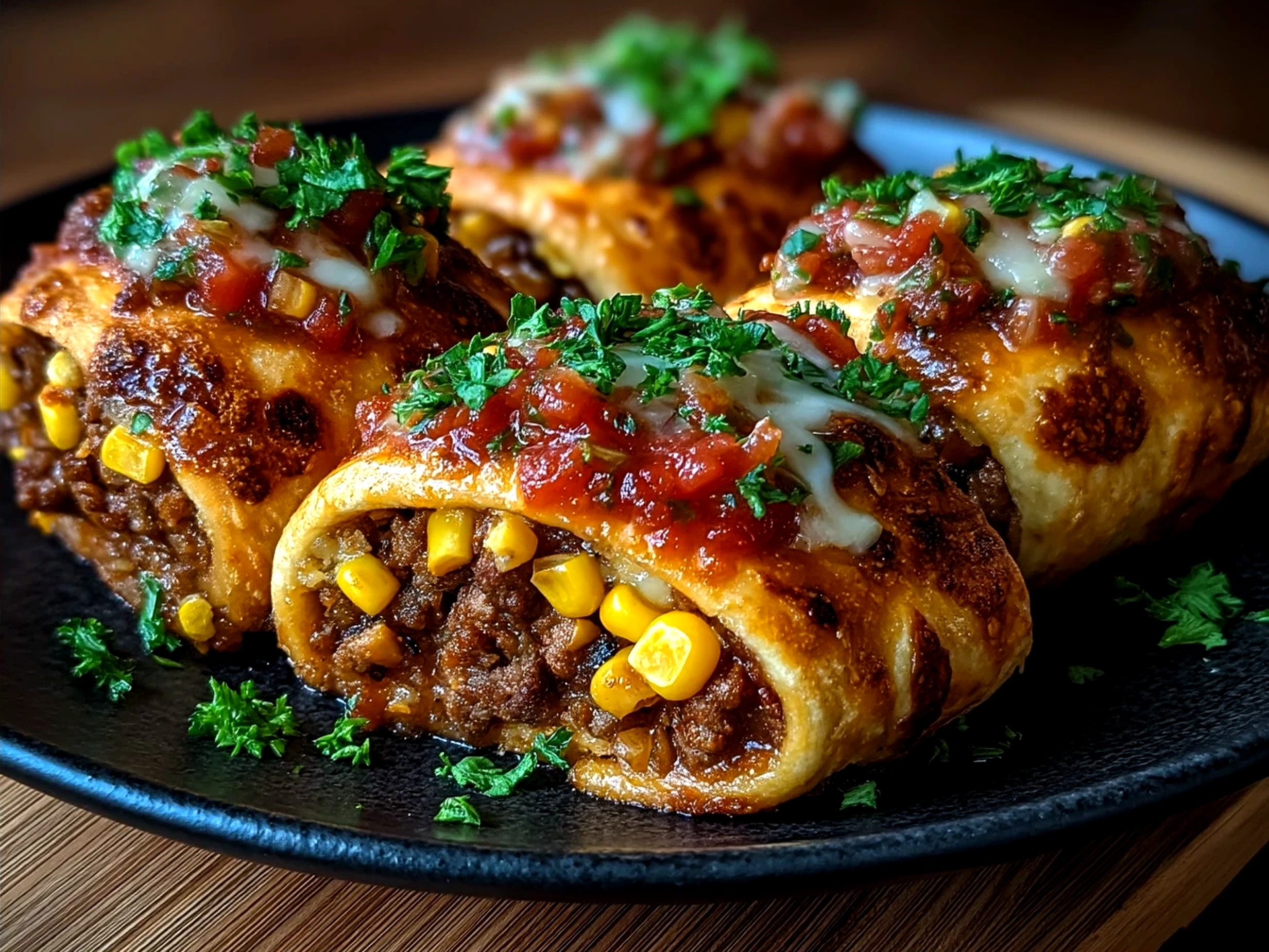 Fresh baked Ground Beef Salsa Corn Roll Ups on a wooden board garnished with cilantro and lime wedges
