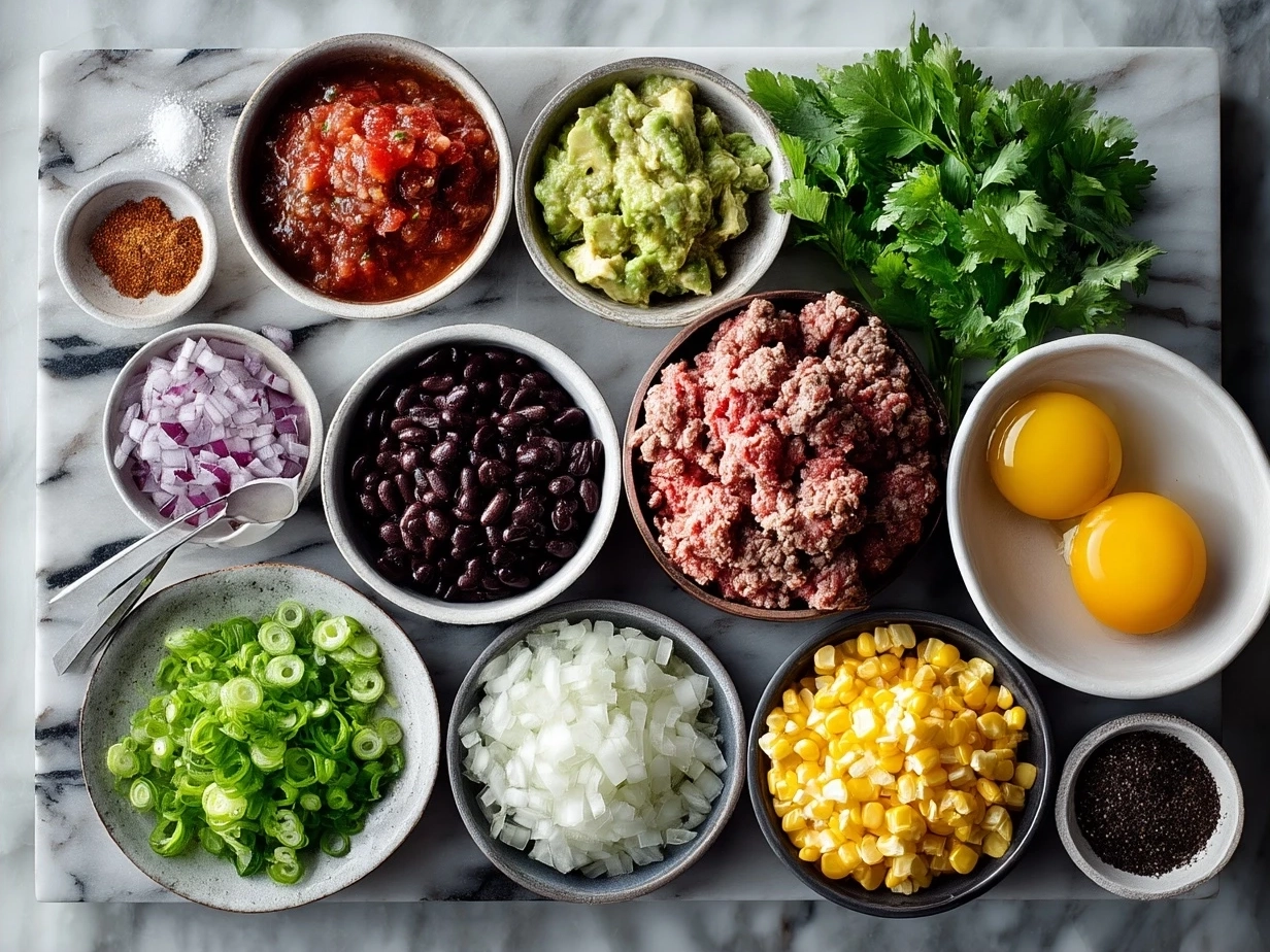 Ingredients for Ground Beef Salsa Corn Roll Ups including ground beef, salsa, corn, tortillas, and spices