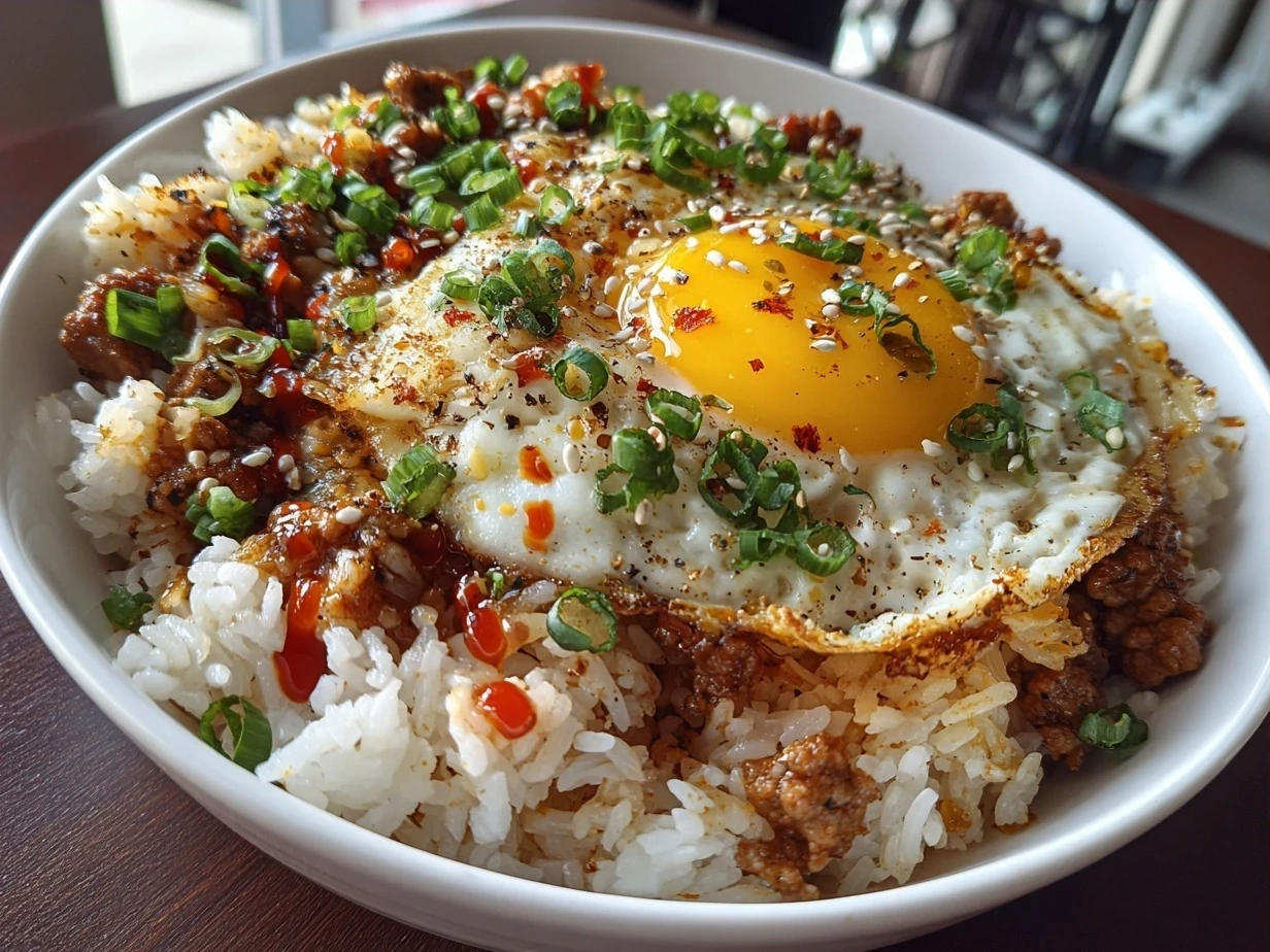Final serving of Ground Turkey Teriyaki Rice Bowl garnished with green onion and toasted sesame seeds