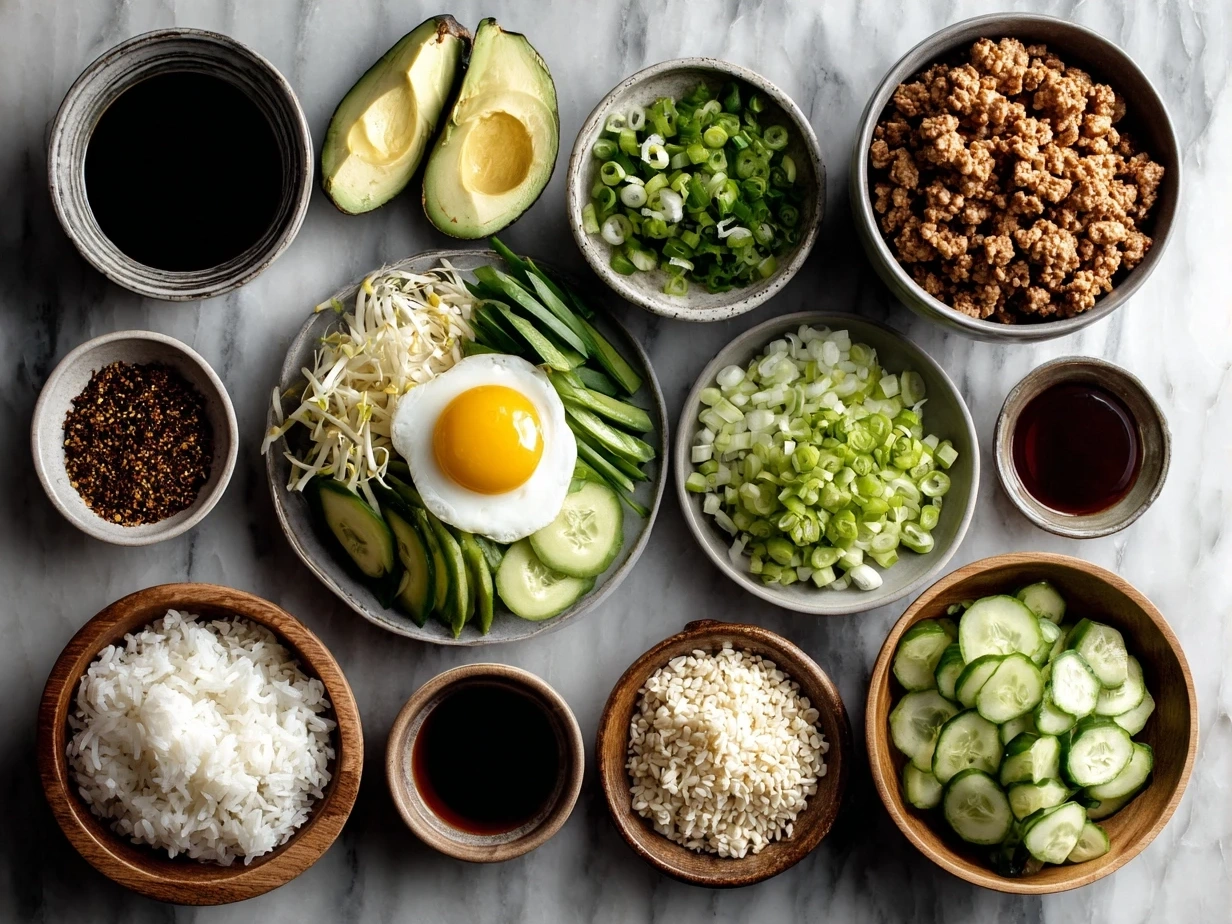 Ingredients for Ground Turkey Teriyaki Rice Bowl including ground turkey, teriyaki sauce, jasmine rice, ginger, garlic, sesame oil, green onion, broccoli, sesame seeds, and optional veggies