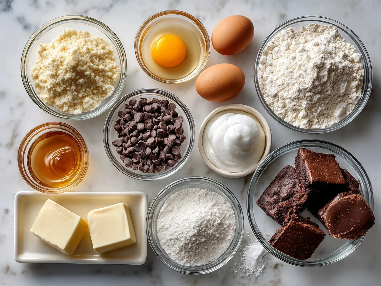Ingredients for heart-shaped chocolate chip cookies including flour, sugar, butter, egg, vanilla, and chocolate chips