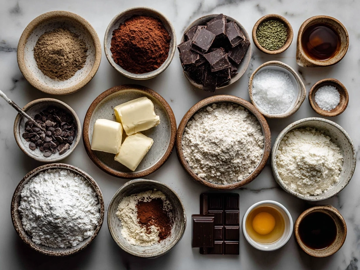 Ingredients for Hidden Heart Chocolate Loaf Cake arranged on a table