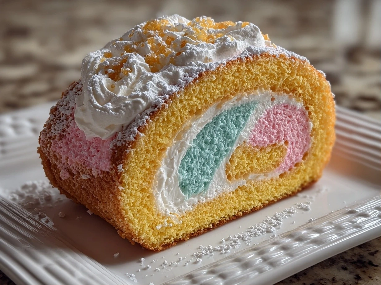 Close-up of finished Cotton Candy Swiss Cake Roll made by home cook, showing soft pink cake with creamy buttercream filling
