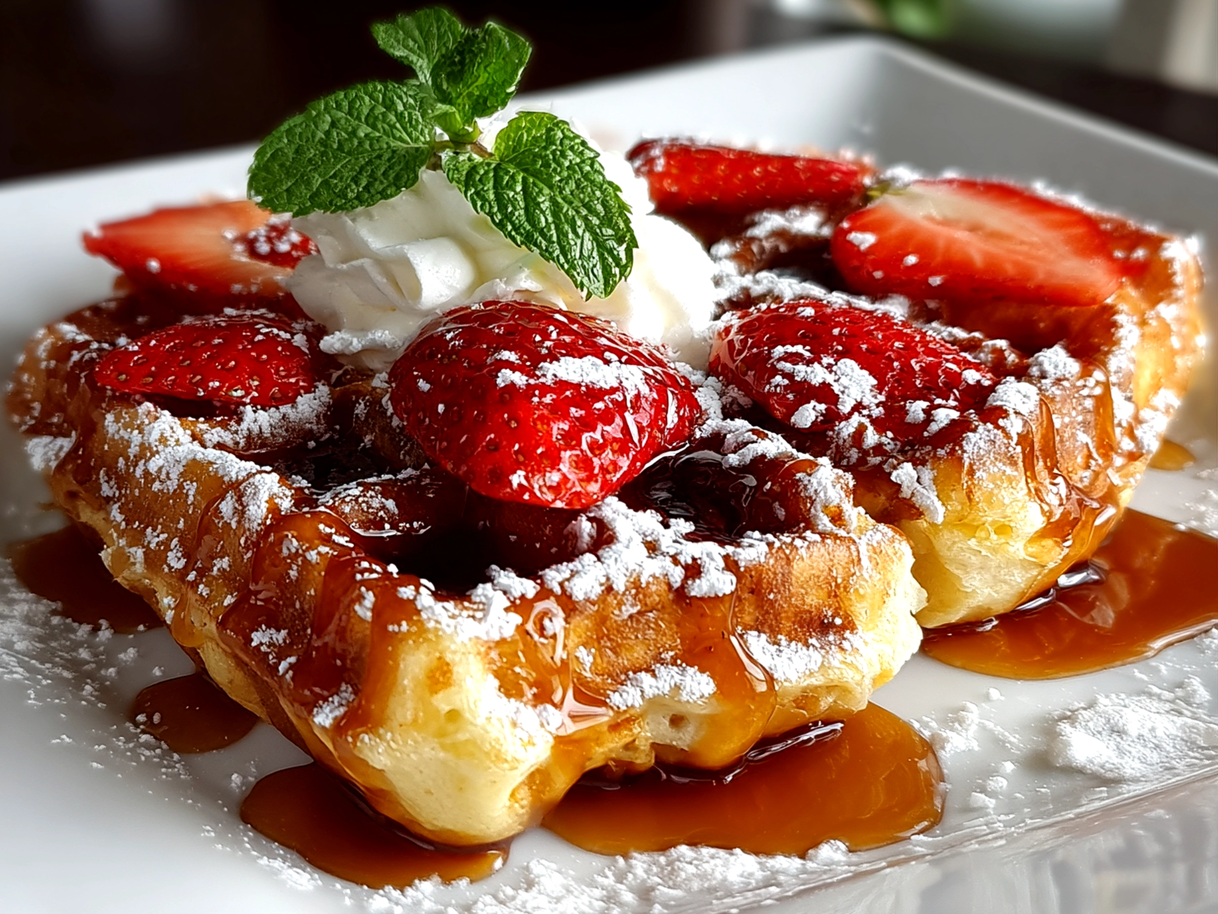 Home cook, taken with iPhone 15 Pro. Close-up slight angle of delicious Belgian waffles on white plate. Fresh vibrant --ar 4:3 --style raw --s 240