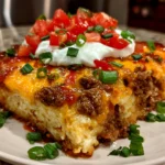 Home cooks, taken with iPhone 15. Close-up slight angle of delicious Taco Casserole on white plate. Mouthwatering --ar 4:3 --style raw --s 240