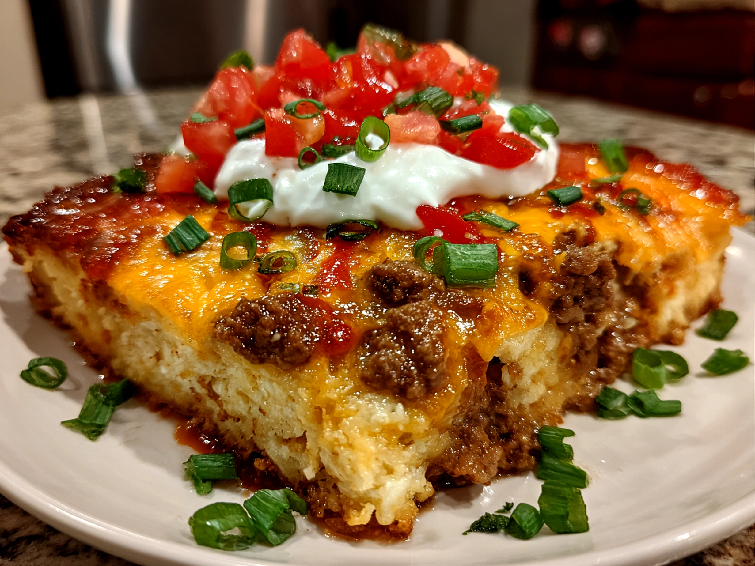 Home cooks, taken with iPhone 15. Close-up slight angle of delicious Taco Casserole on white plate. Mouthwatering --ar 4:3 --style raw --s 240