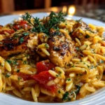 Homemade Chicken Orzo Skillet on white plate