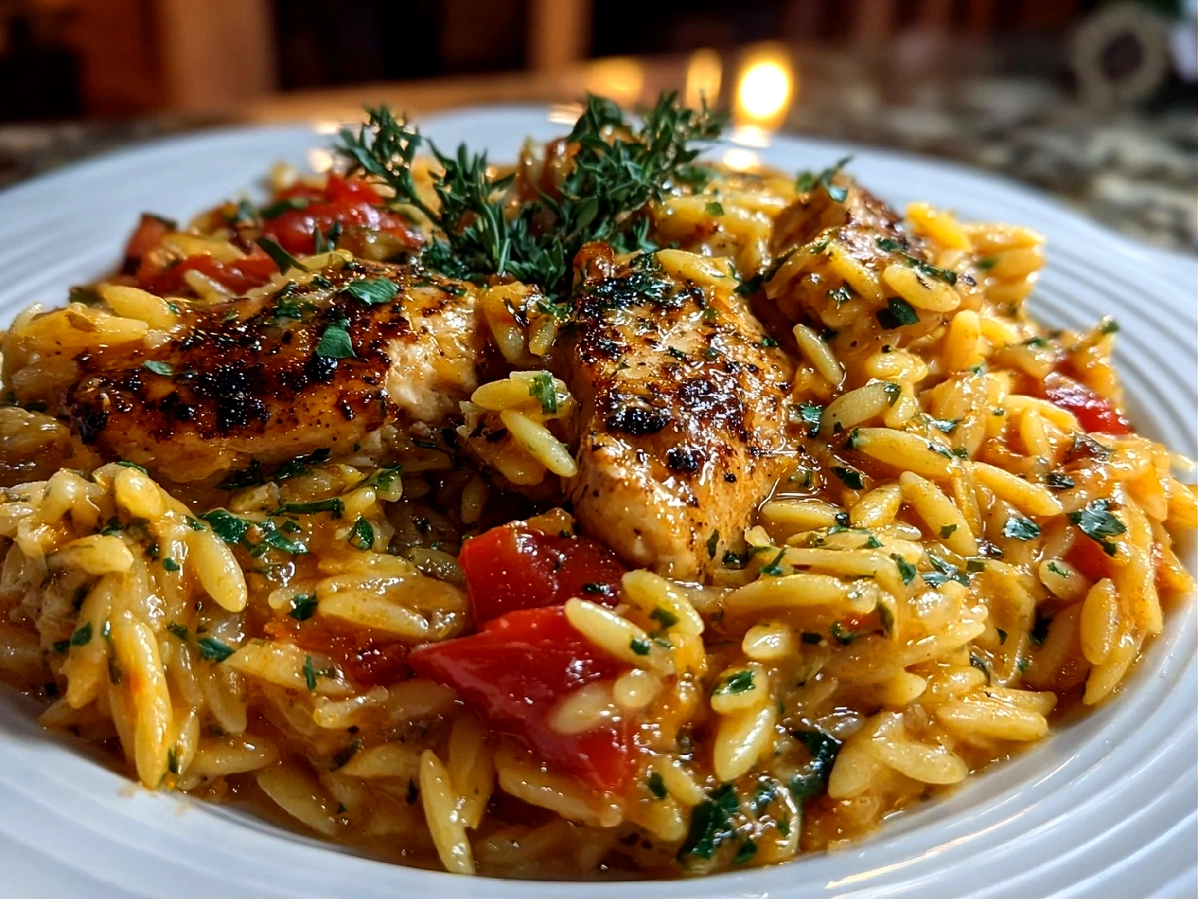 Homemade Chicken Orzo Skillet on white plate