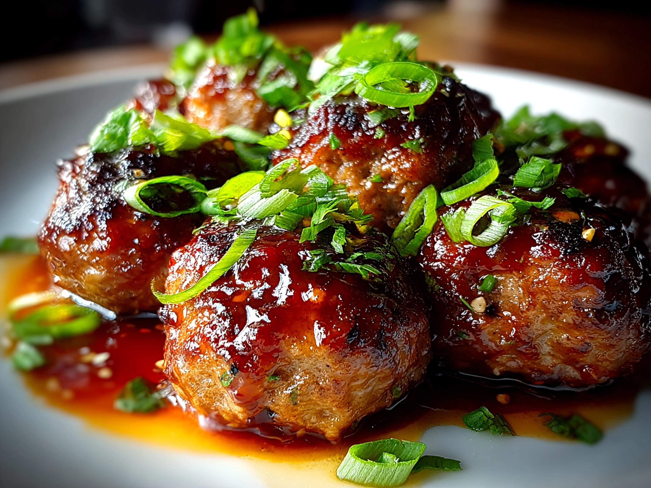 Homemade Mongolian Meatballs fresh on white plate