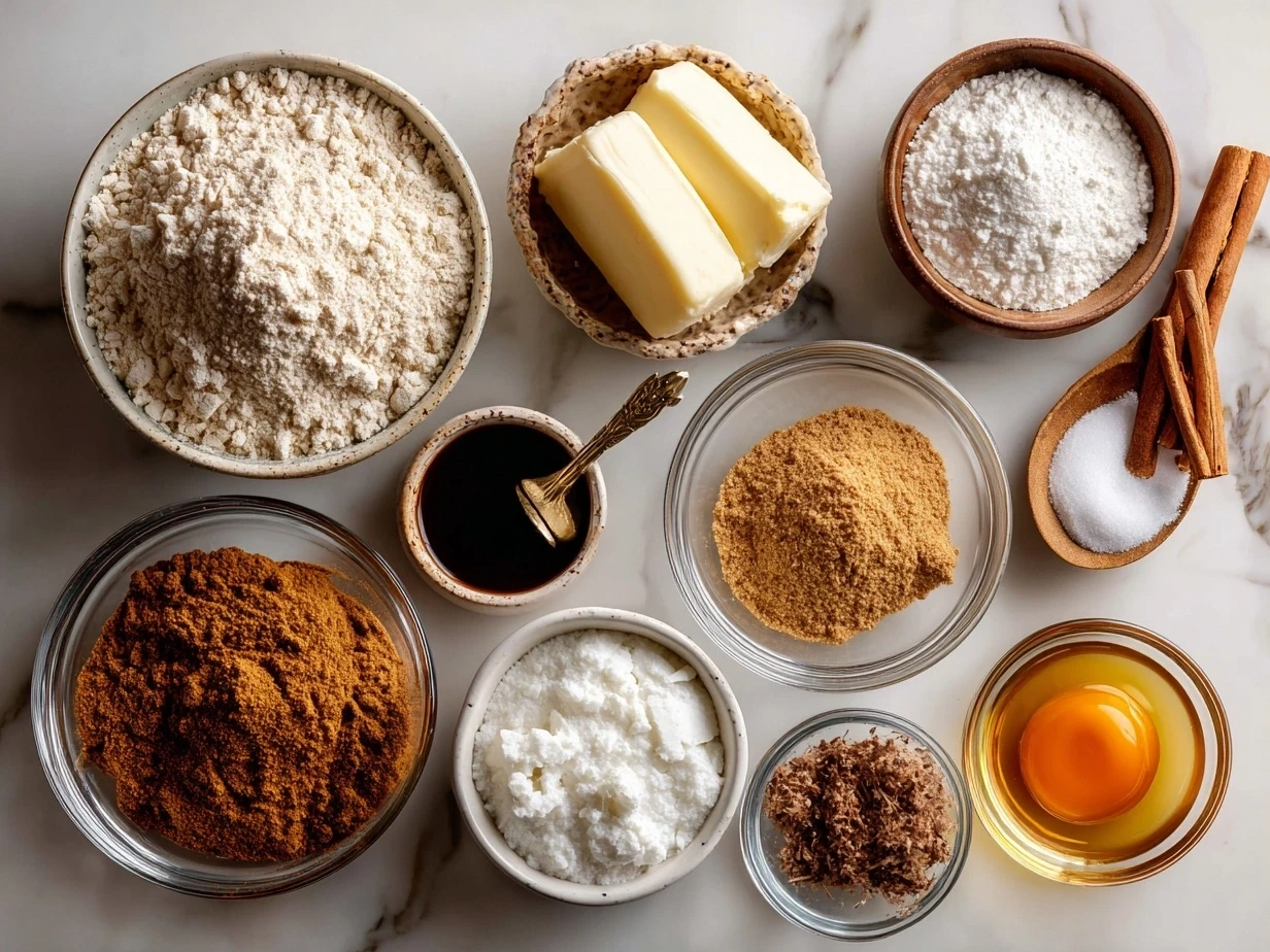 Ingredients for homemade graham crackers: flour, spices, butter, honey, and more.