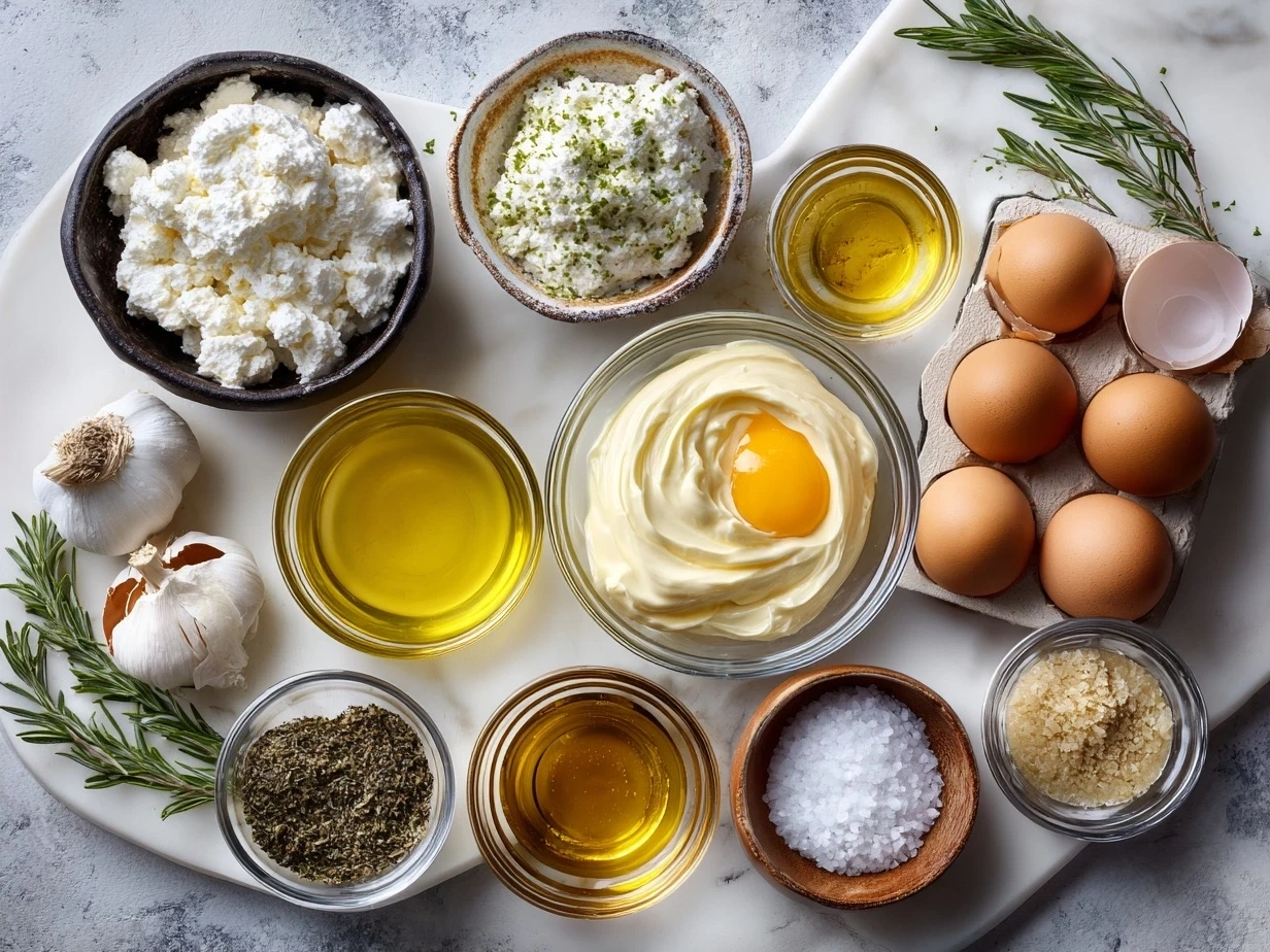 Ingredients for homemade mayonnaise including egg yolk, mustard, vinegar, and oil