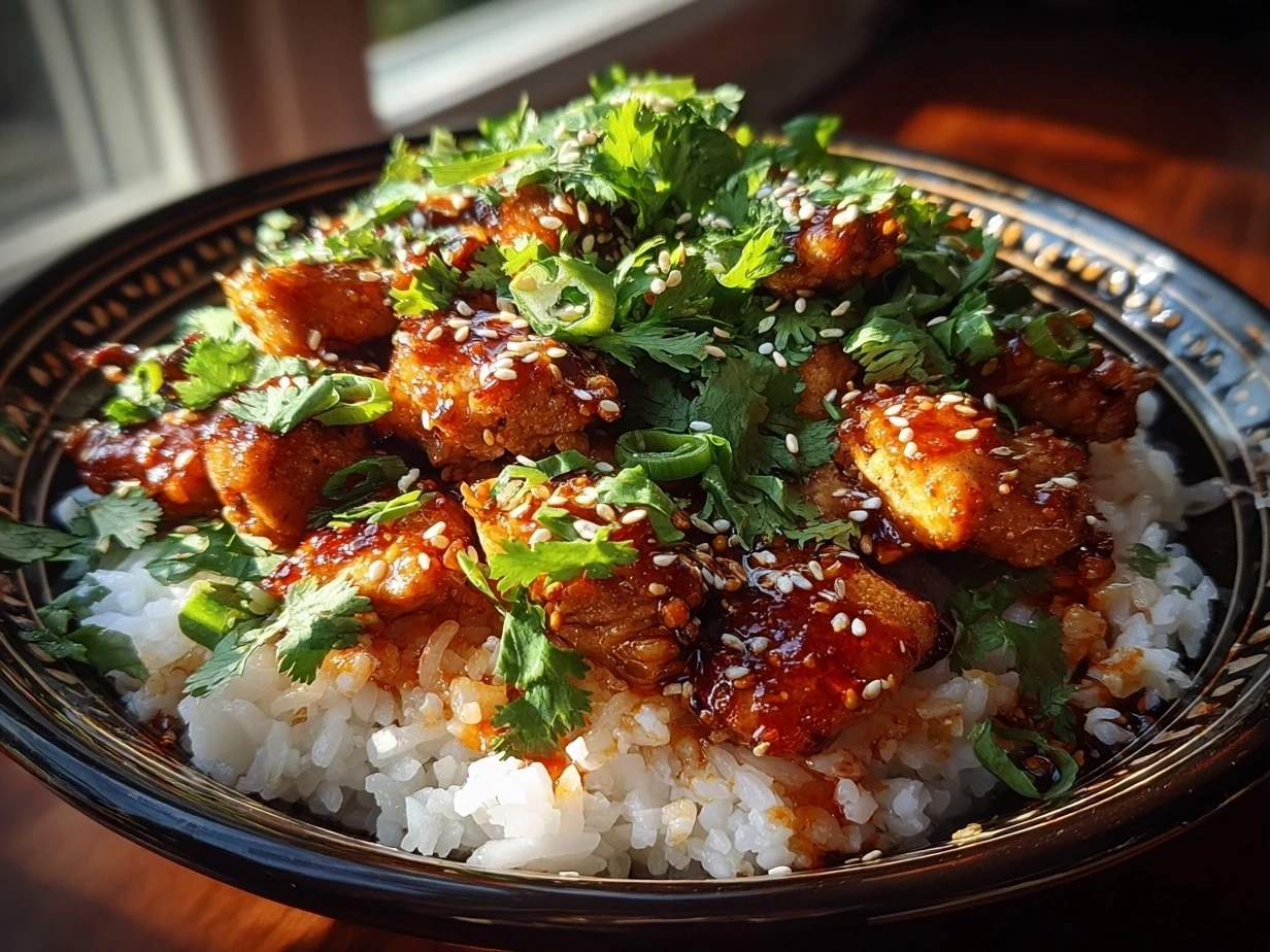 Final Honey Sriracha Chicken Rice Bowls served in a colorful bowl with fresh veggies and sesame seeds