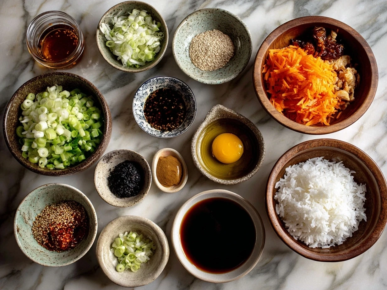 Ingredients for Honey Sriracha Chicken Rice Bowls laid out