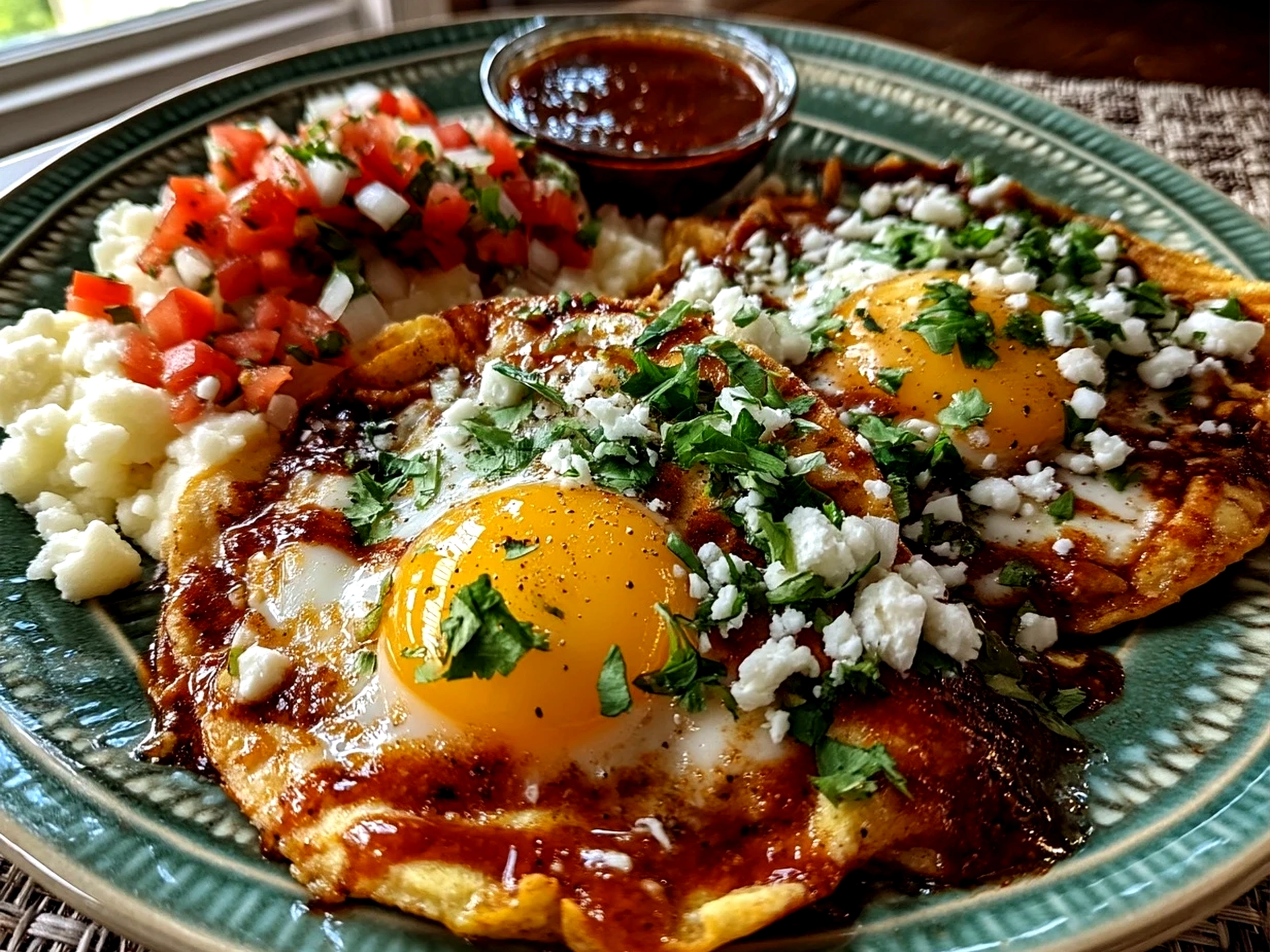 Serving of freshly made Huevos Rancheros with avocado slices and queso fresco