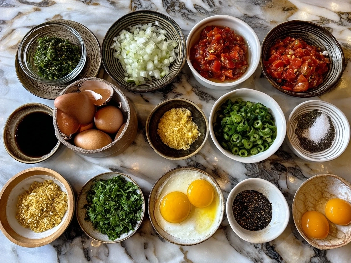 Ingredients for Huevos Rancheros including eggs, corn tortillas, salsa roja and more