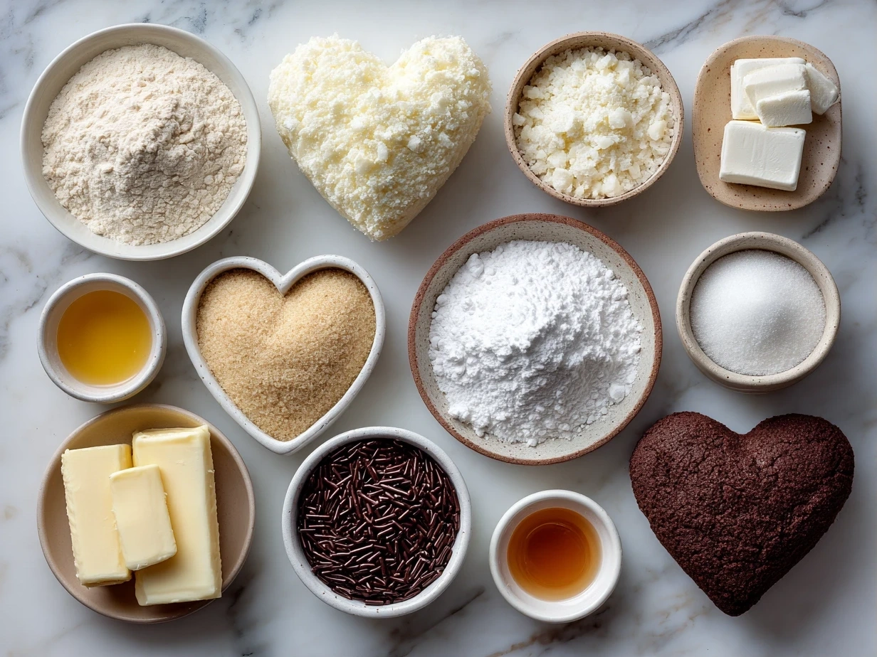 Ingredients for Frosted Heart Sugar Cookies including flour, sugar, butter, eggs, and extracts