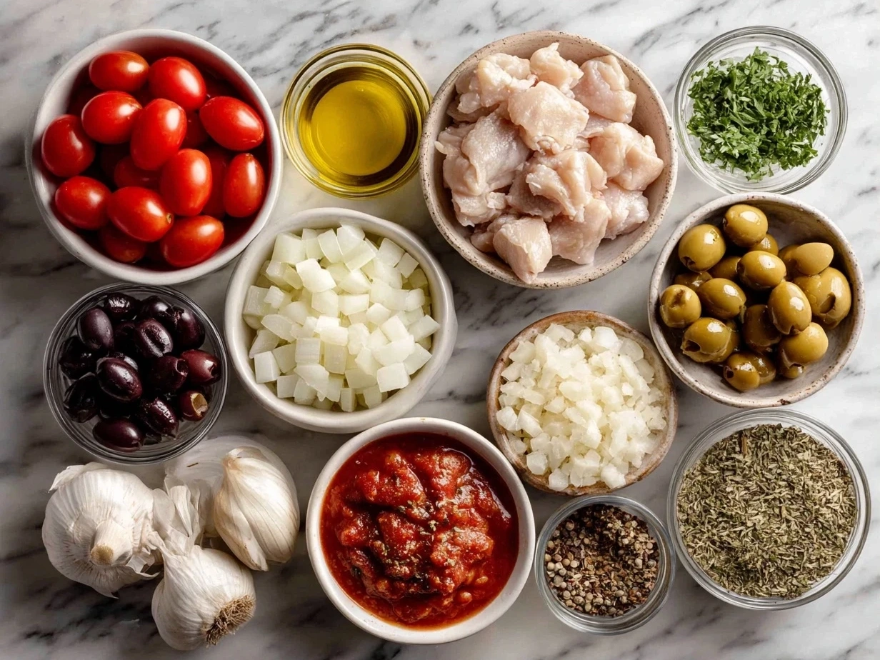 Ingredients for slow cooker chicken cacciatore including chicken thighs, bell peppers, onions, garlic, tomatoes, and herbs.