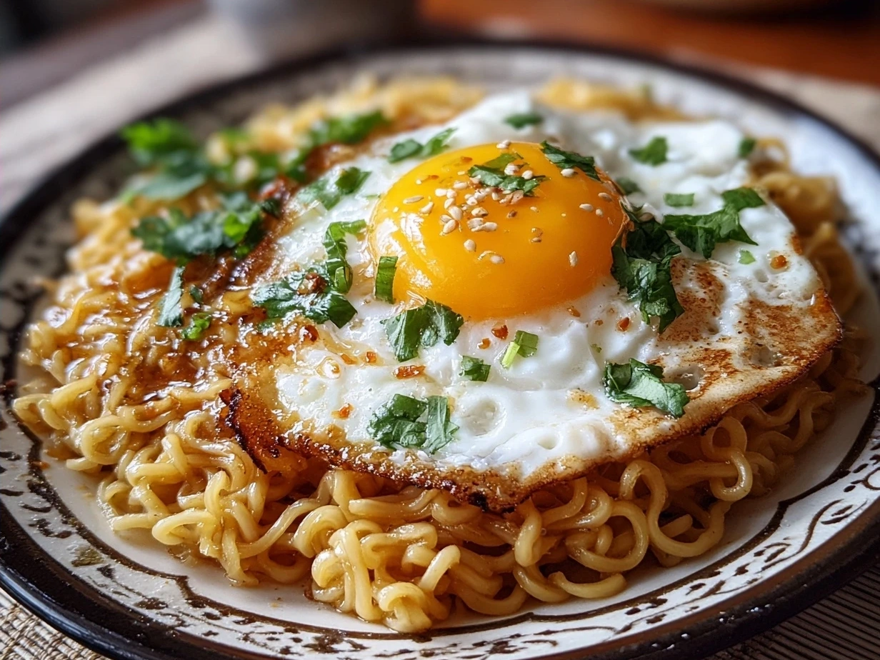 Final cooked Instant Noodles with Egg Butter Garlic served in a bowl