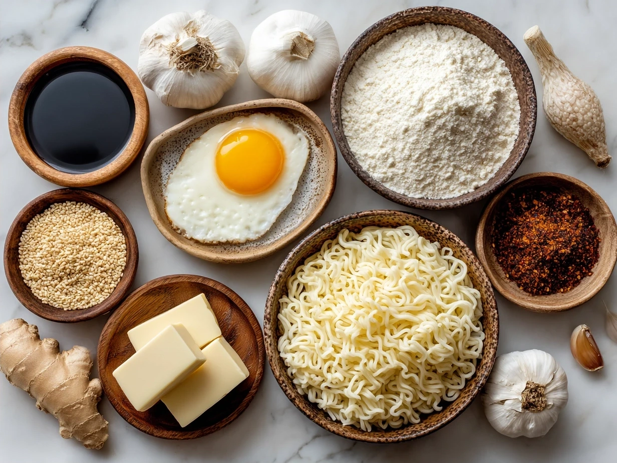 Fresh ingredients for Instant Noodles with Egg Butter Garlic including fresh garlic, butter, noodles, and seasonings