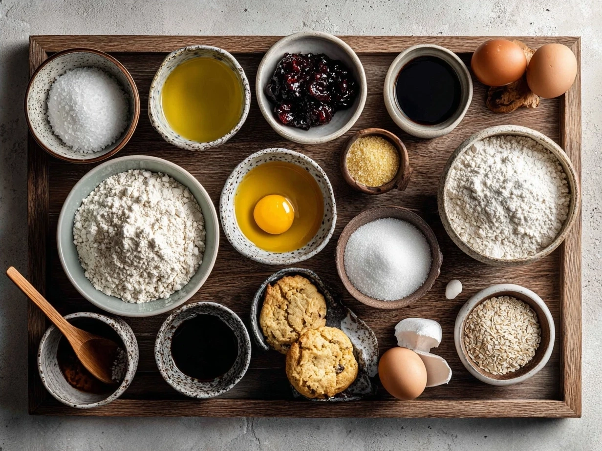 Ingredients laid out for making jam donut focaccia including flour, eggs, butter, and fruit jam