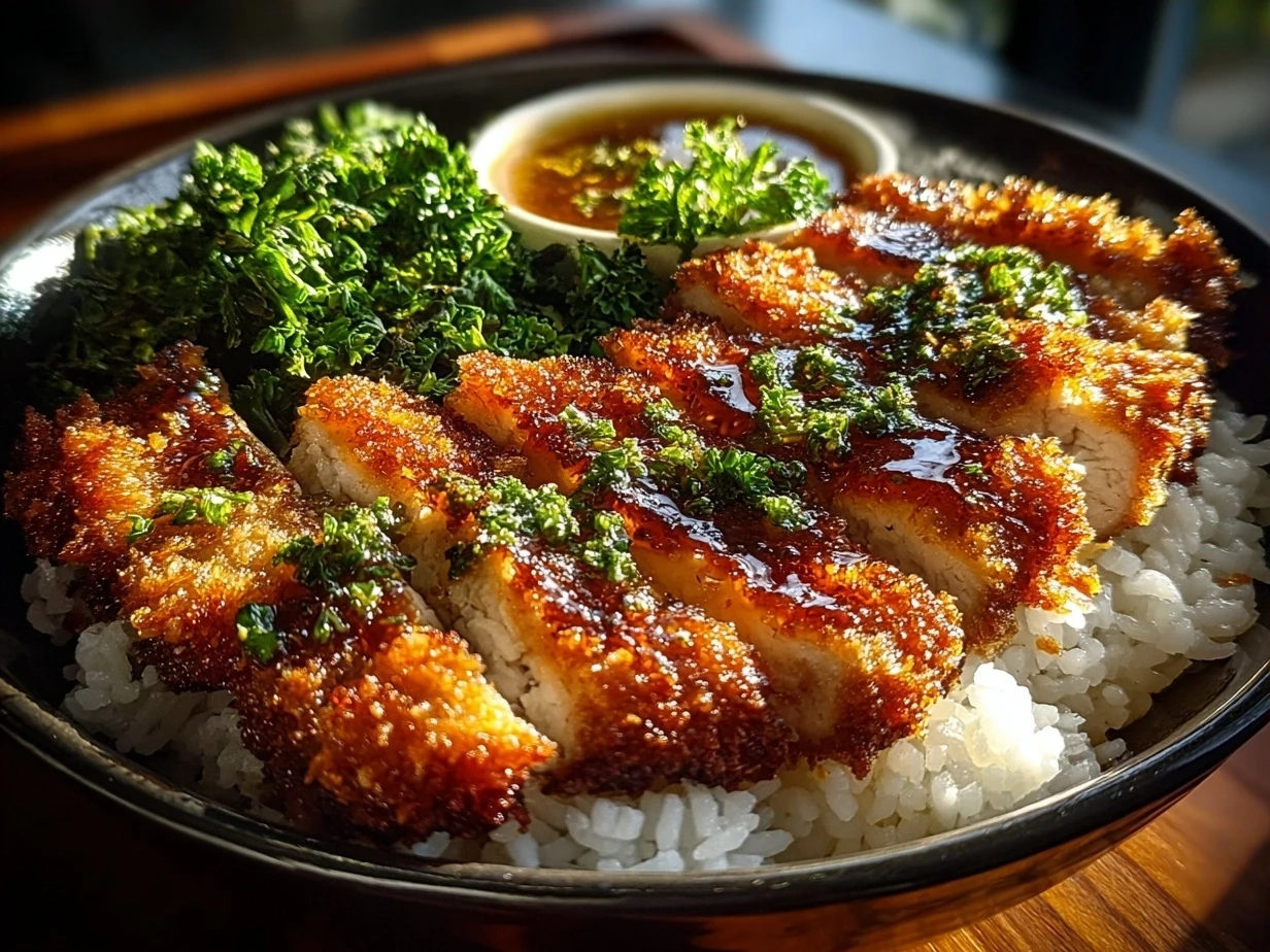 Final plated Japanese Katsu Bowls recipe with crispy chicken, rice, cabbage, and tonkatsu sauce