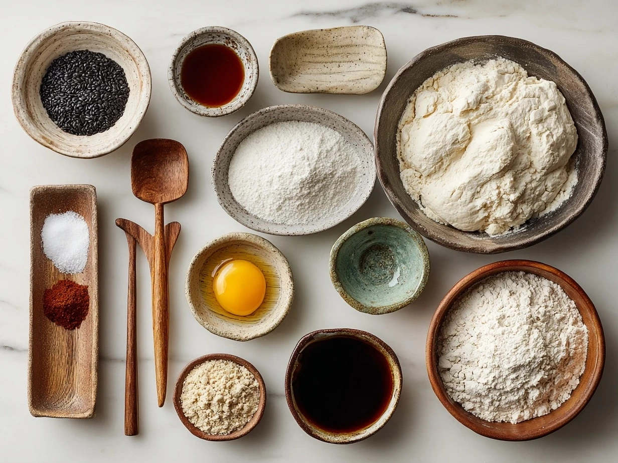 Ingredients for Japanese Milk Bread Rolls including bread flour, milk, cream, sugar, salt, yeast, egg, and butter