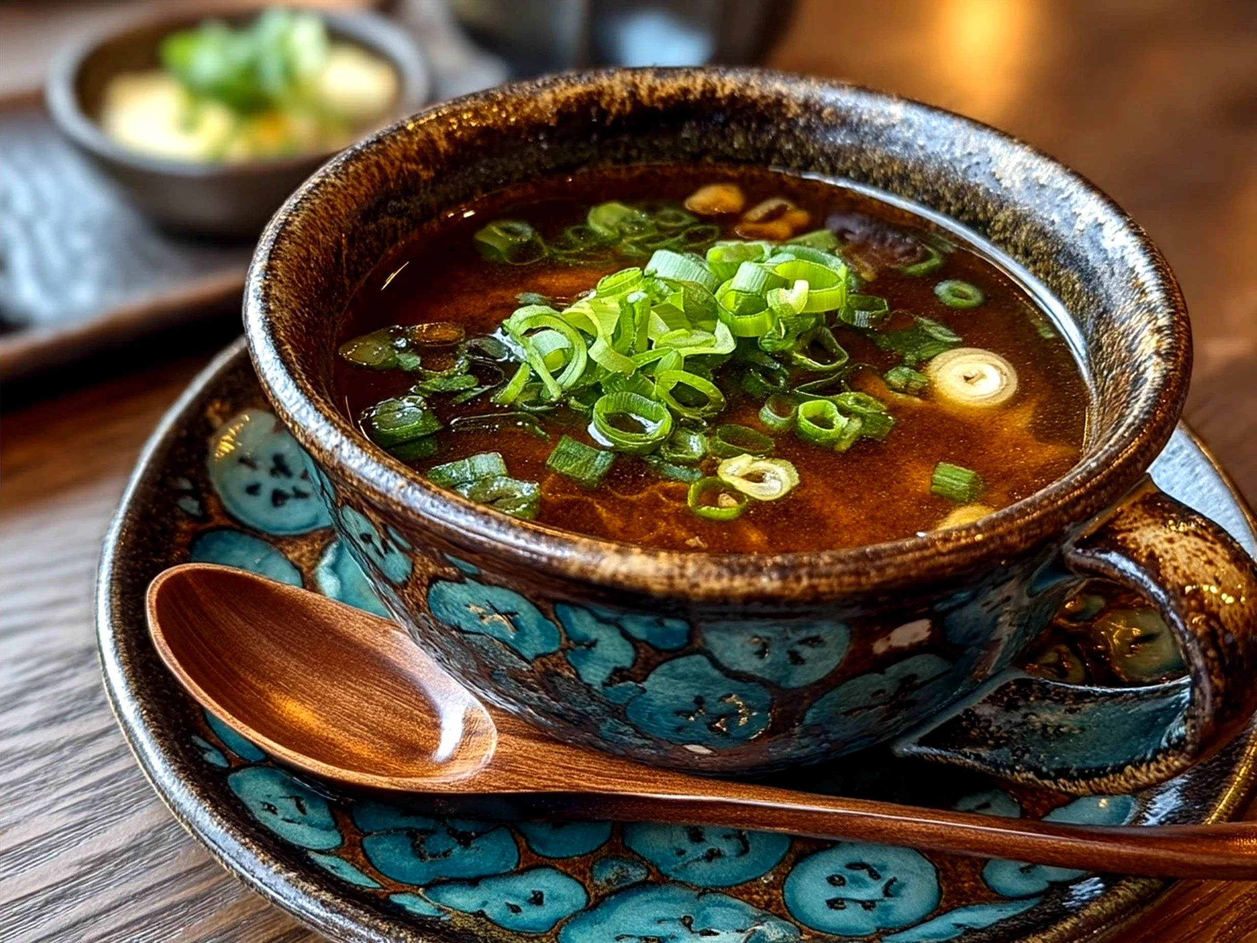 A bowl of Japanese Onion Soup garnished with scallions, served with side dishes