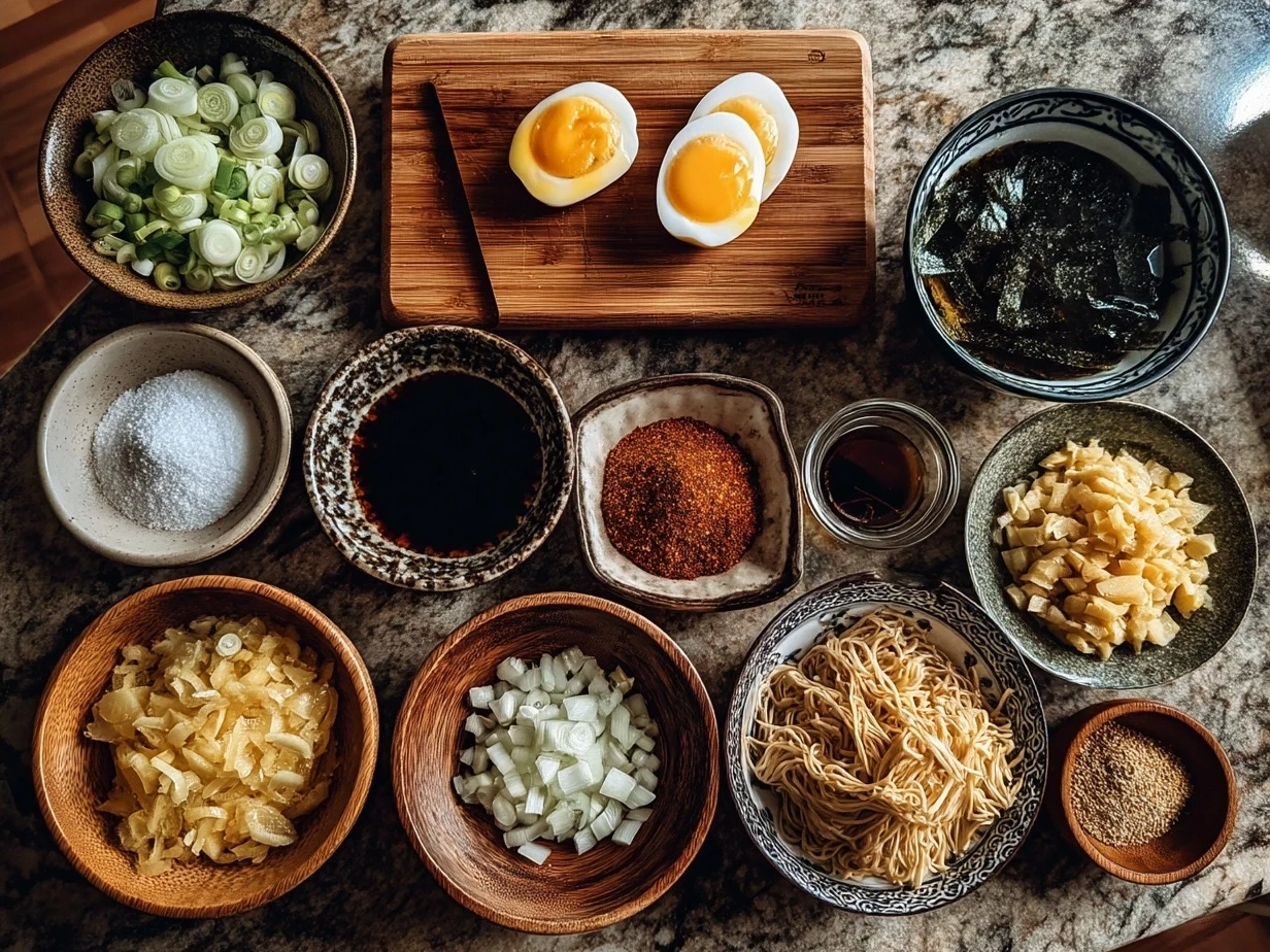 Ingredients for Japanese Onion Soup including sliced onions, dashi broth, soy sauce, mirin seasoning, sake, sugar, vegetable oil, and scallions