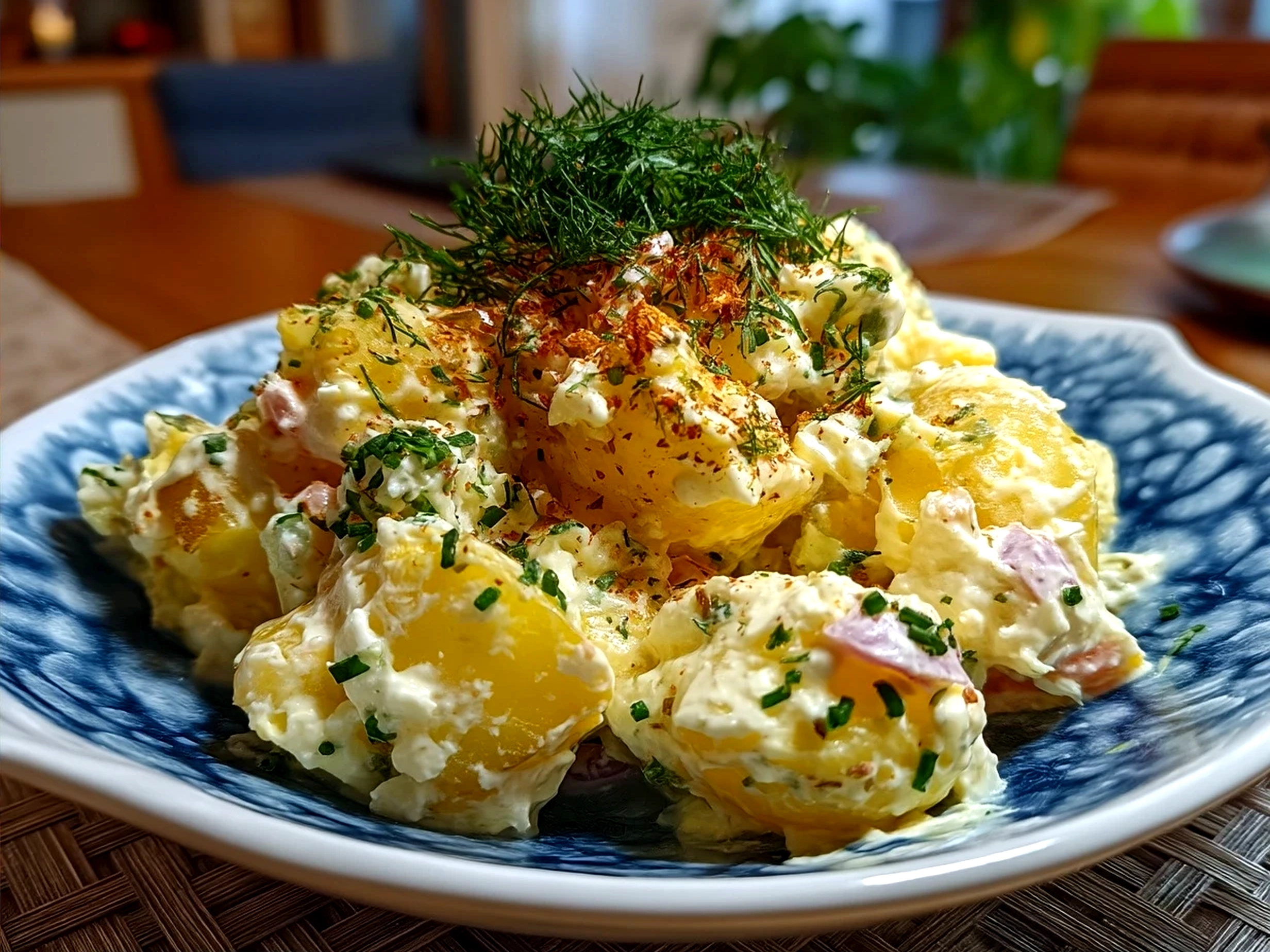 Final Japanese Potato Salad served on a plate with garnish