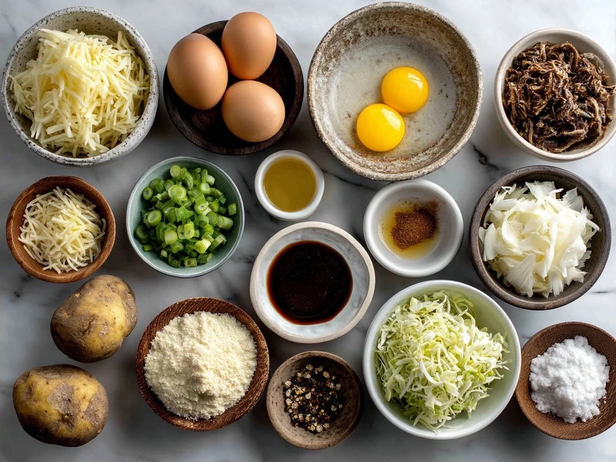 Japanese Potato Salad ingredients including potatoes, cucumber, carrot, eggs, Japanese mayonnaise