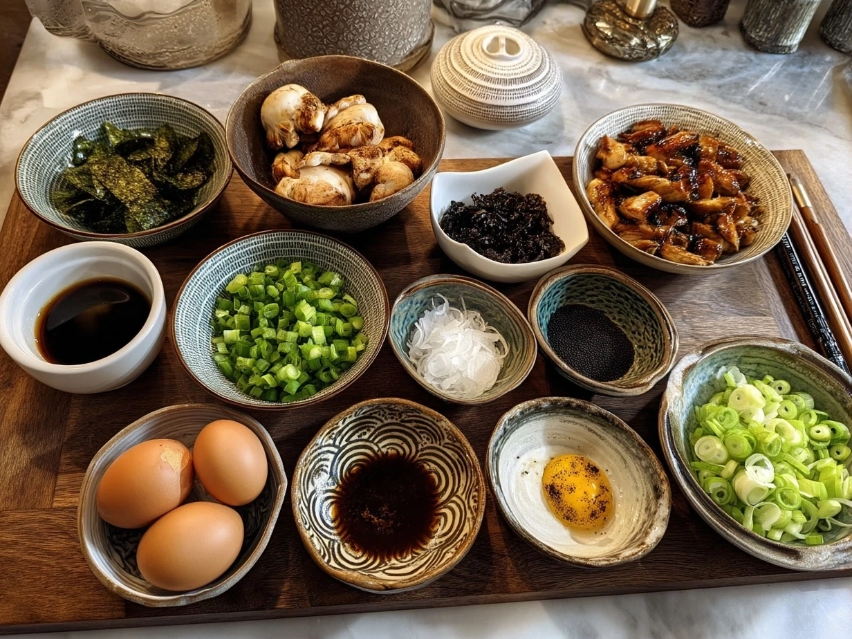 Ingredients for Japanese Yakitori Grilled Chicken including chicken thighs, soy sauce, mirin, sake, brown sugar, garlic, ginger, sesame oil, and bamboo skewers