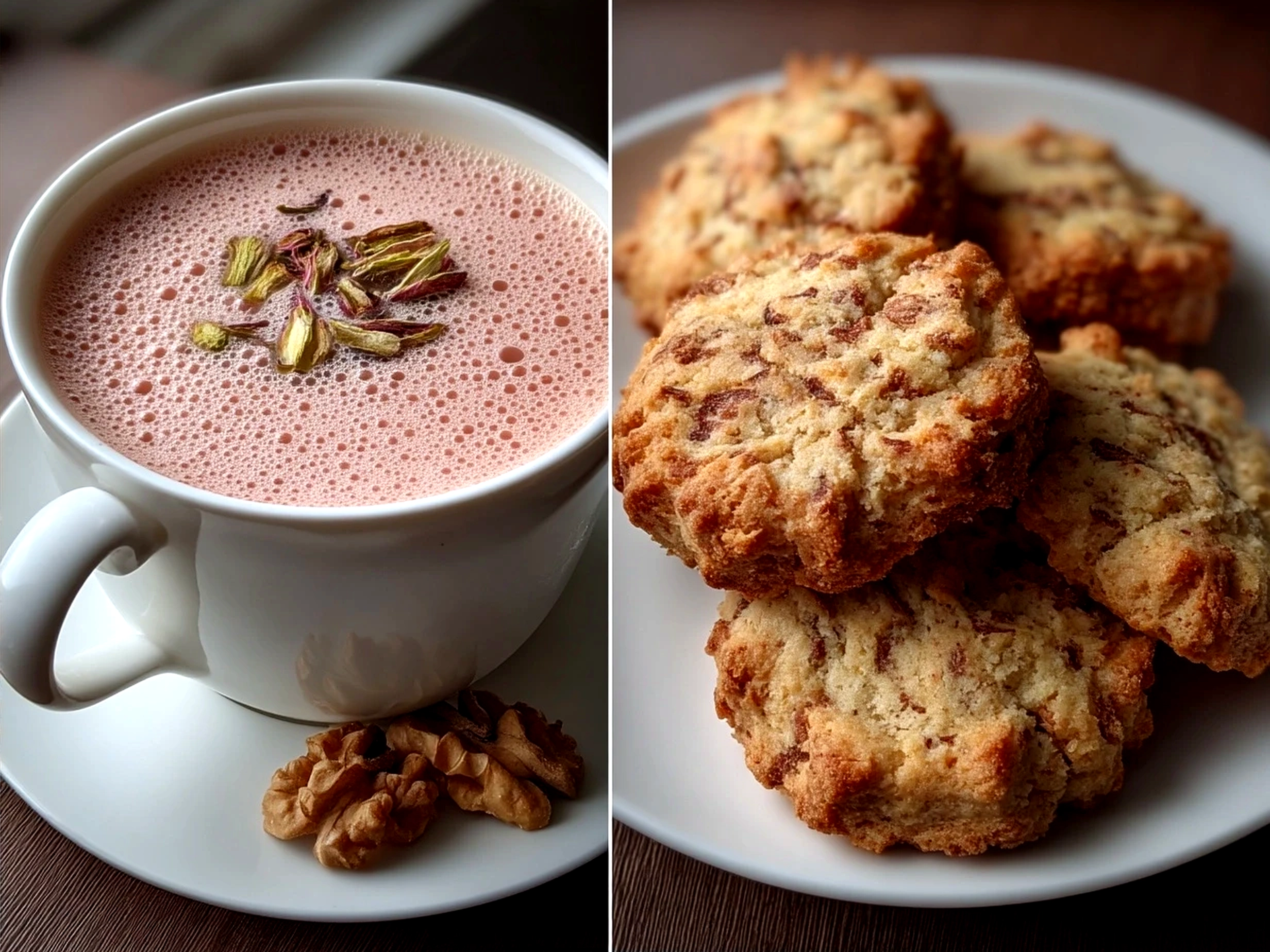 Serving glass cups of warm Kashmiri Pink Chai garnished with crushed pistachios
