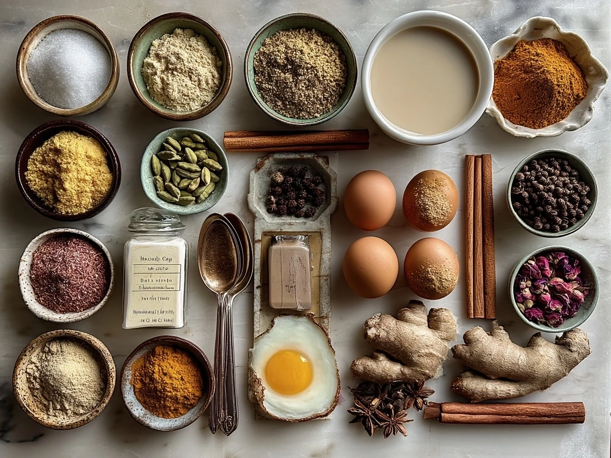 Ingredients for Kashmiri Pink Chai including green tea leaves, cardamom, baking soda, milk, pistachios, and salt