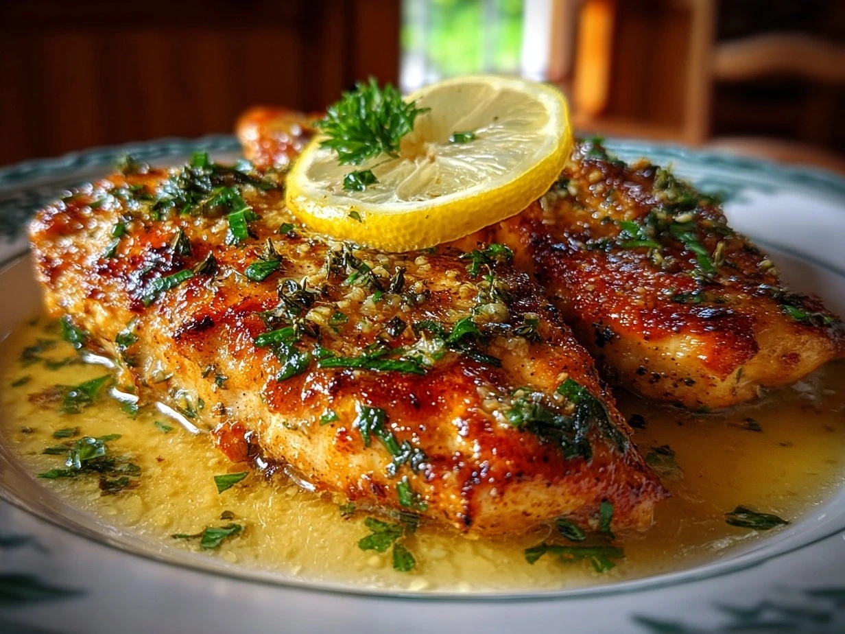 Served Lemon Chicken Romano plated with lemon wedges and fresh herbs