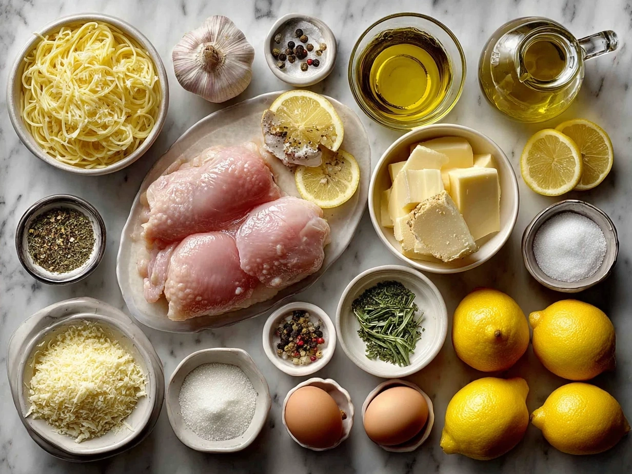 Ingredients for Lemon Chicken Romano including Romano cheese, chicken breasts, garlic, lemon, eggs, and seasoning
