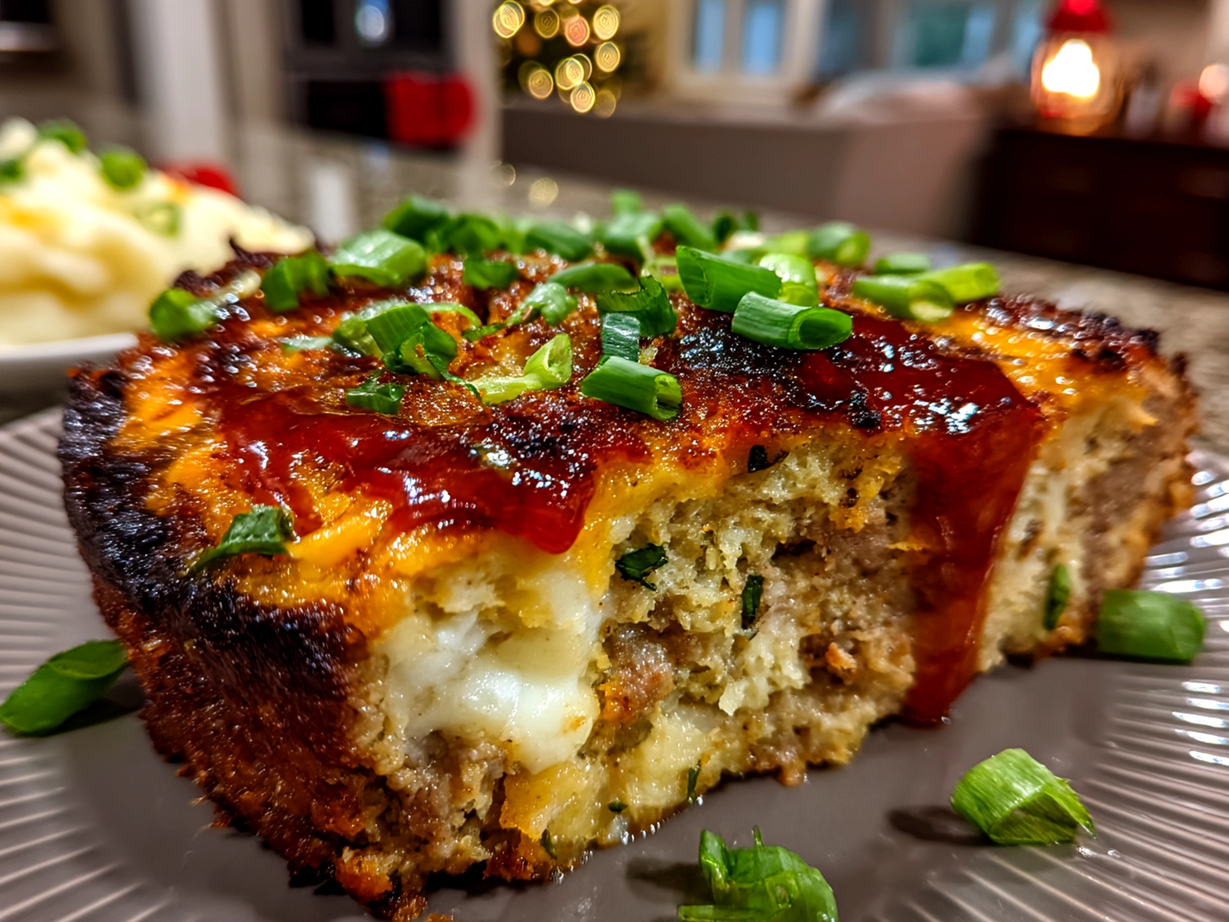 Finished Loaded Potato Meatloaf served with side salad and green beans