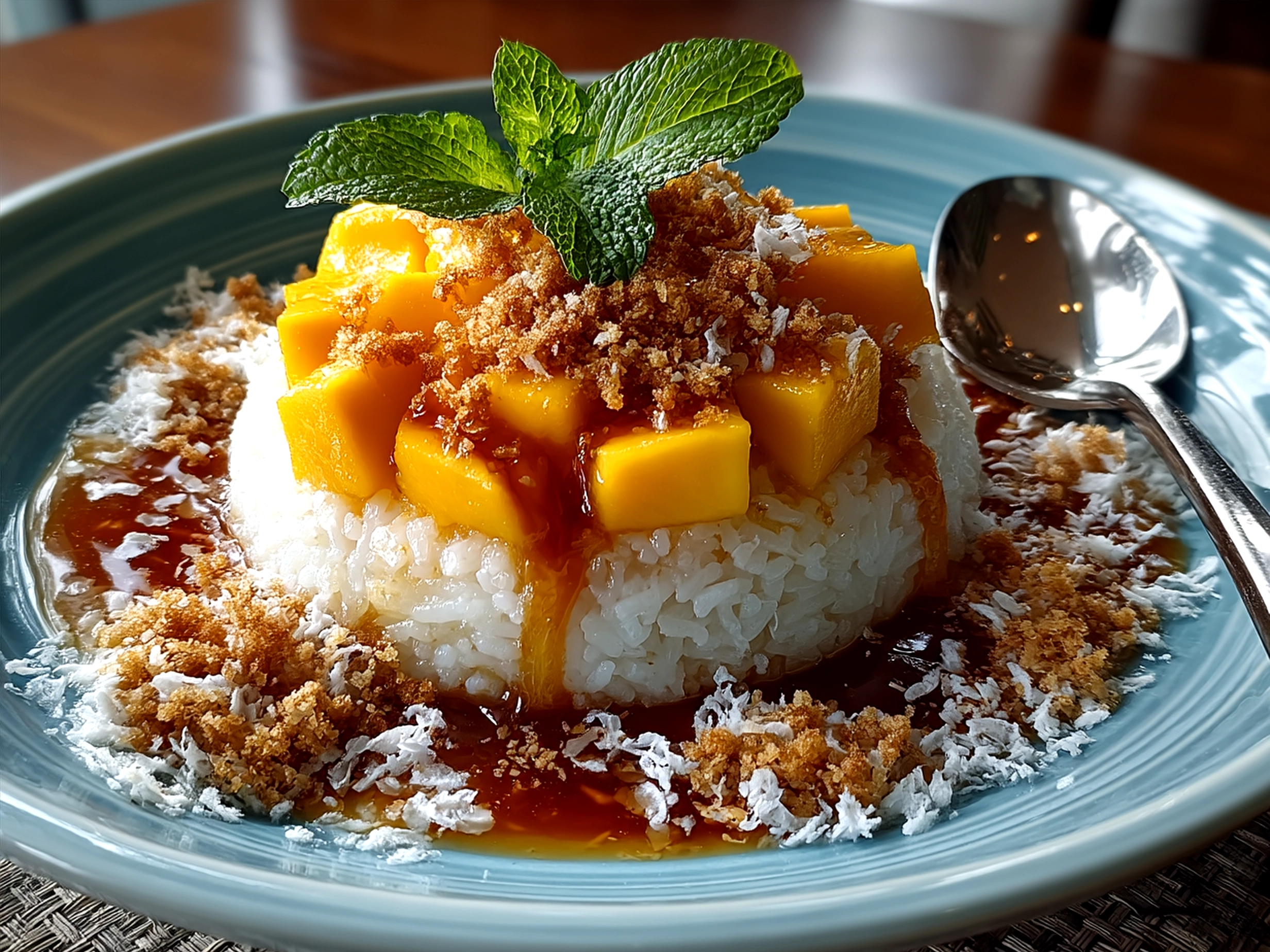 Serving creamy mango sticky rice with ripe mango slices and toasted toppings
