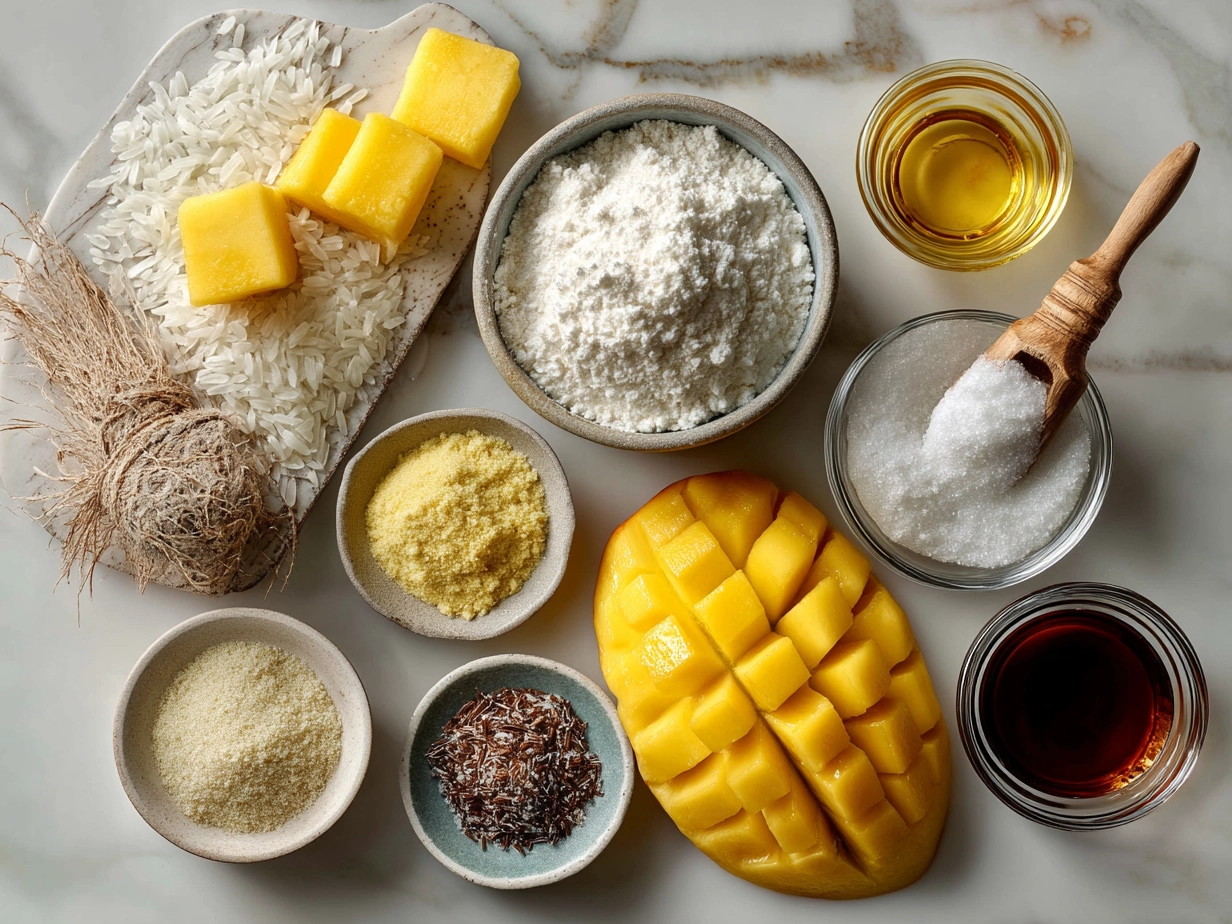 Ingredients for making authentic mango sticky rice including glutinous rice, coconut milk, sugar, salt, ripe mangoes