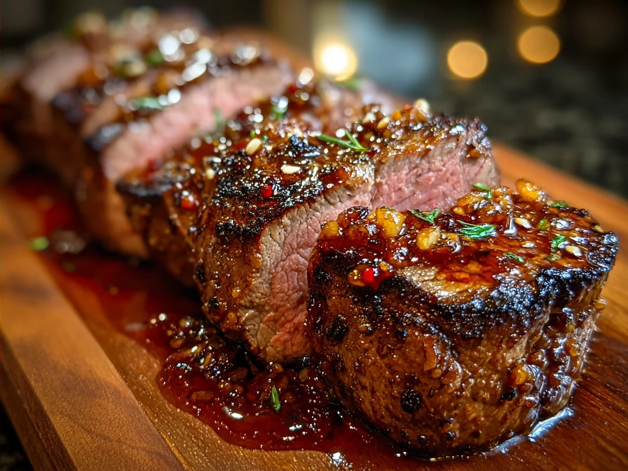 Sliced Maple Dijon Glazed Beef Tenderloin served with rosemary garnish