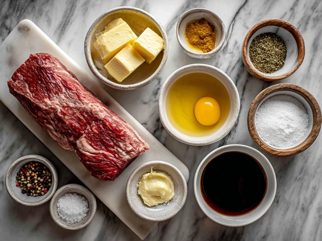 Ingredients for Maple Dijon Glazed Beef Tenderloin including beef tenderloin, maple syrup, Dijon mustard, garlic, rosemary, and spices