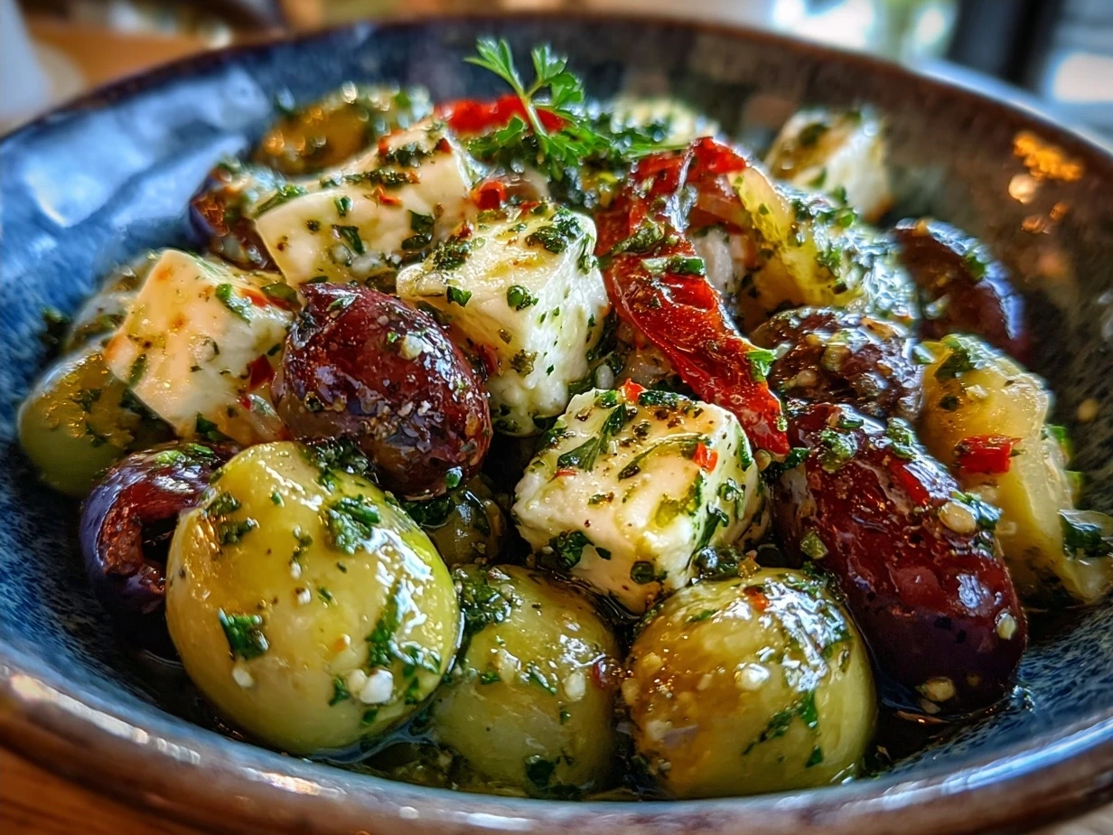 Finished Marinated Olives and Feta Cheese served on a wooden board with bread and herbs