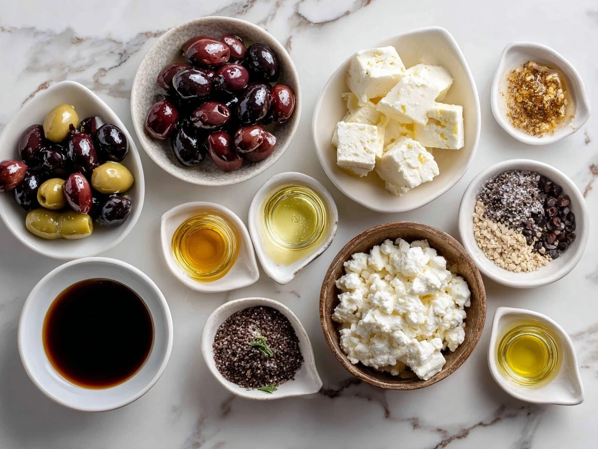 Ingredients for Marinated Olives and Feta Cheese including olives, feta cheese, herbs and olive oil