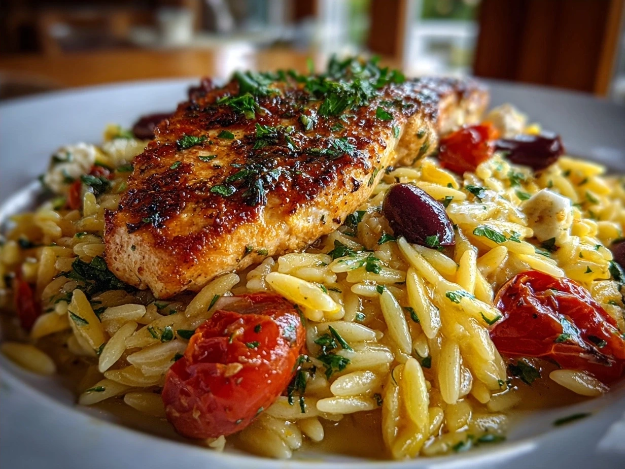 Final plated Mediterranean Chicken and Orzo with fresh parsley
