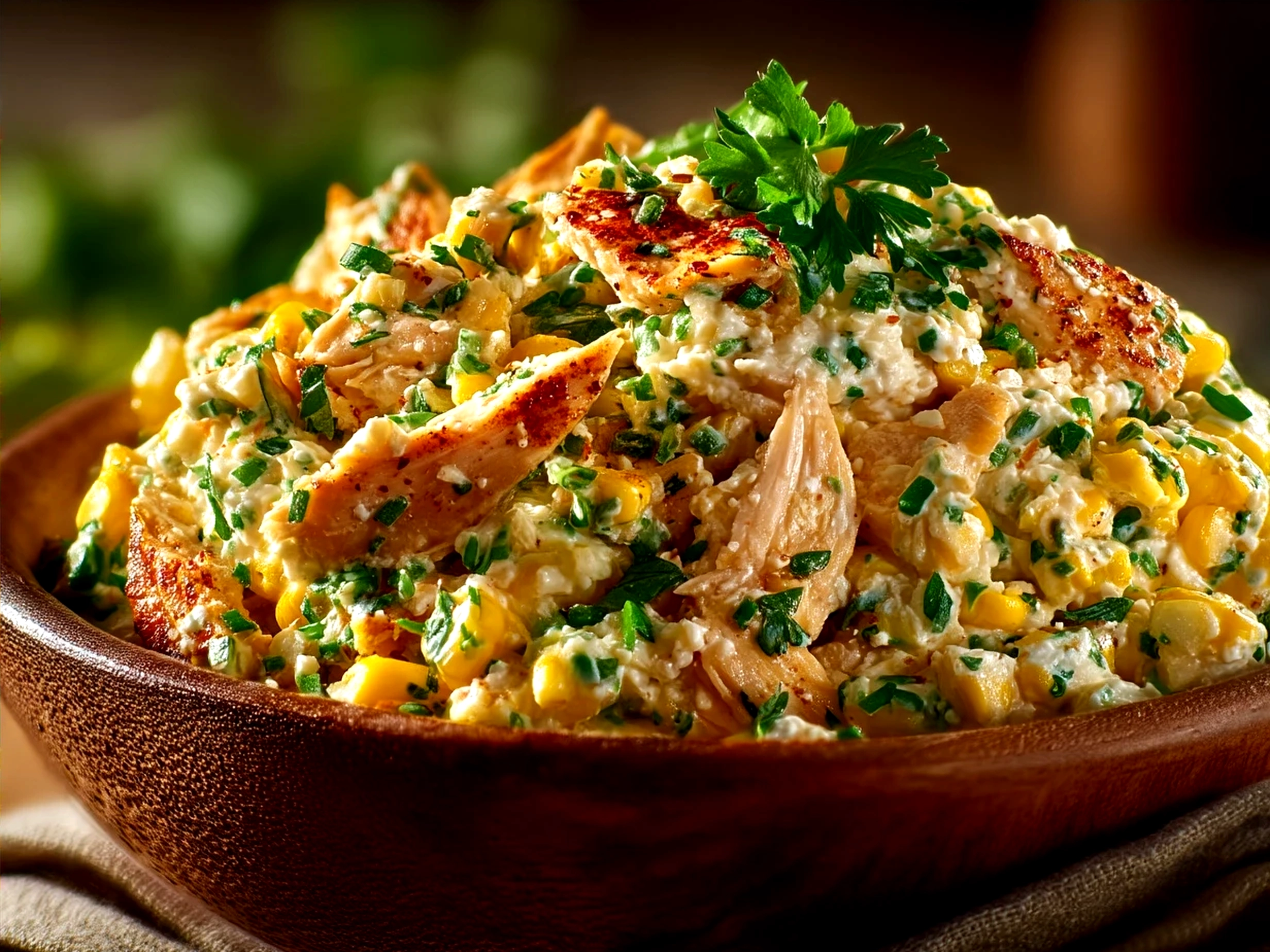 Serving bowl of Mexican Street Corn Chicken Salad with grilled corn, chicken, and fresh ingredients