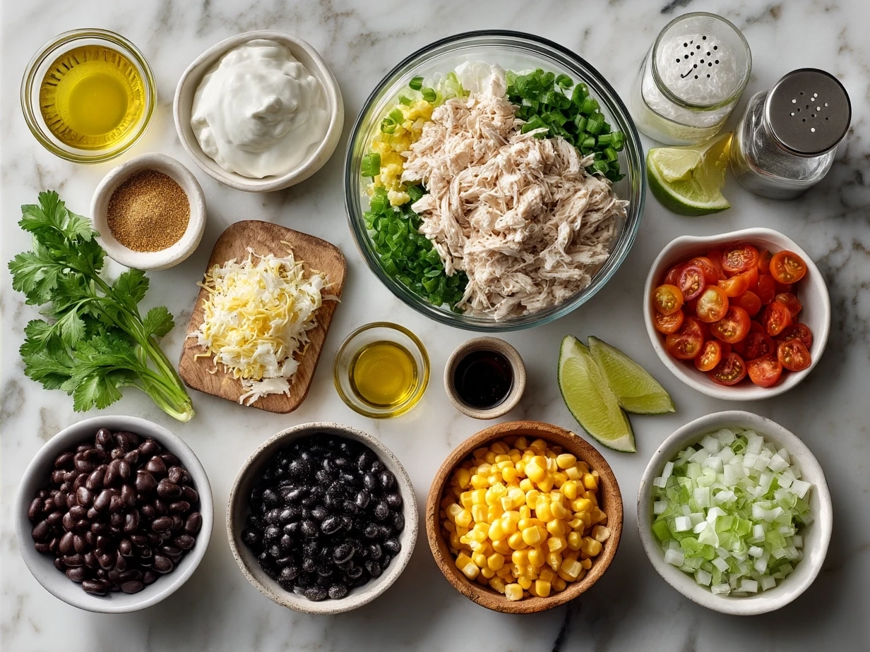 Ingredients for Mexican Street Corn Chicken Salad including fresh corn, grilled chicken, cherry tomatoes, jalapeño, and cotija cheese