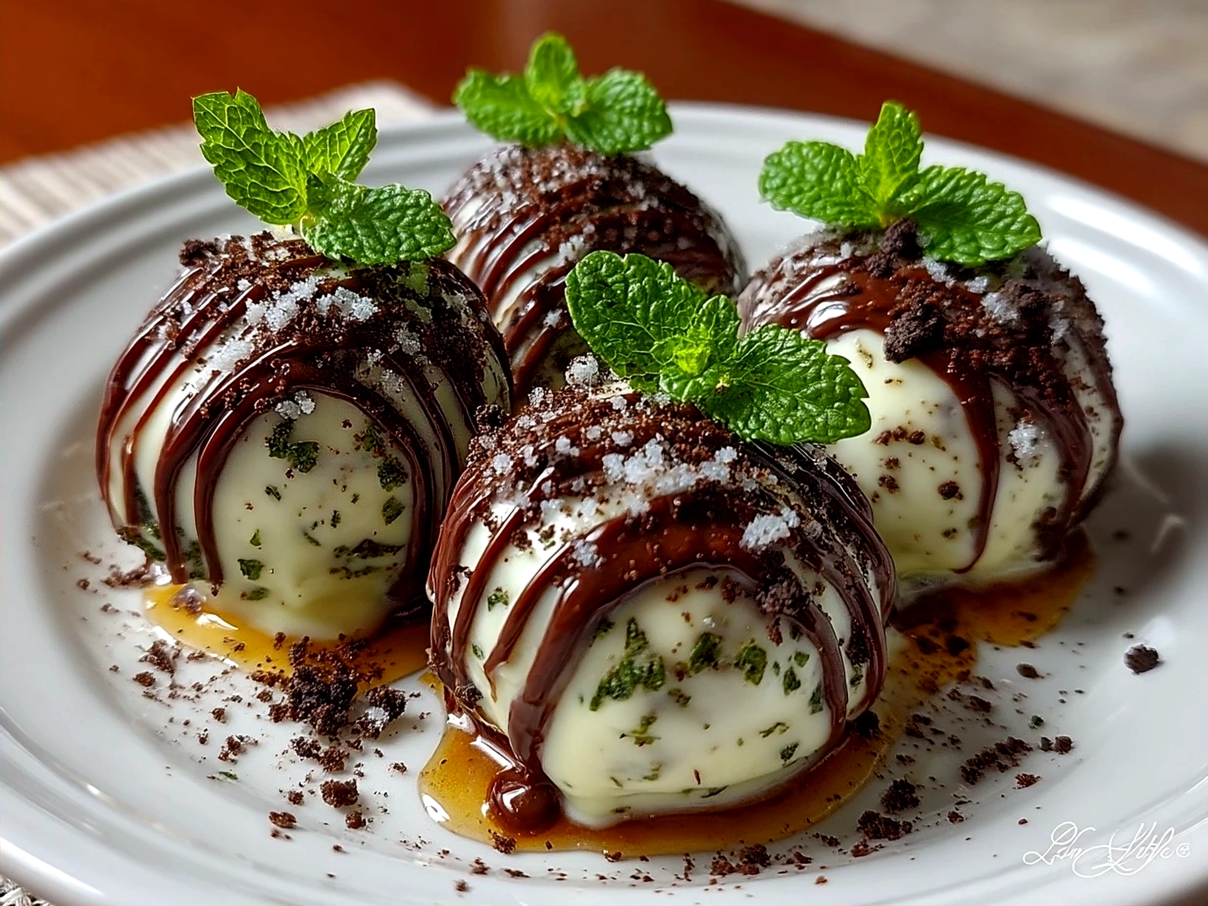 Platter of finished Mint Oreo Balls ready to serve with chocolate and mint garnish